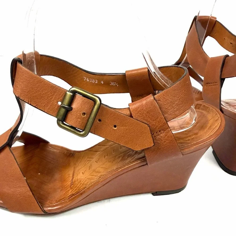 CHIE MIHARA Wedge High Heels Sandals Cognac Leather T-strap size 36,5 US 6,5